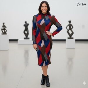 Weiyuwei Shanghai Fashion Geometric Print Textured Ruffle Trim Midi Dress Size S